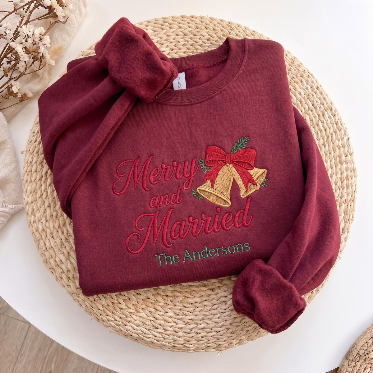 Merry and Married Embroidered Sweatshirt, Custom Last Name Wedding Bells Xmas Crewneck