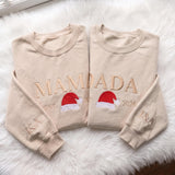 Mama Dada Christmas Embroidered Sweatshirt, Custom Sleeve Initials Santa Hat Crewneck