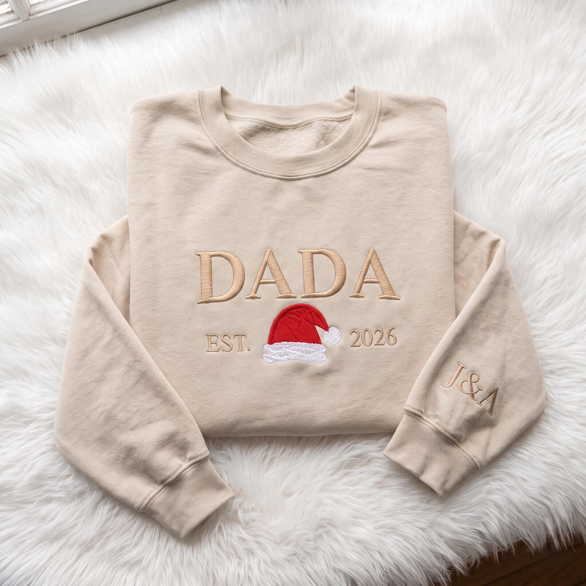 Mama Dada Christmas Embroidered Sweatshirt, Custom Sleeve Initials Santa Hat Crewneck