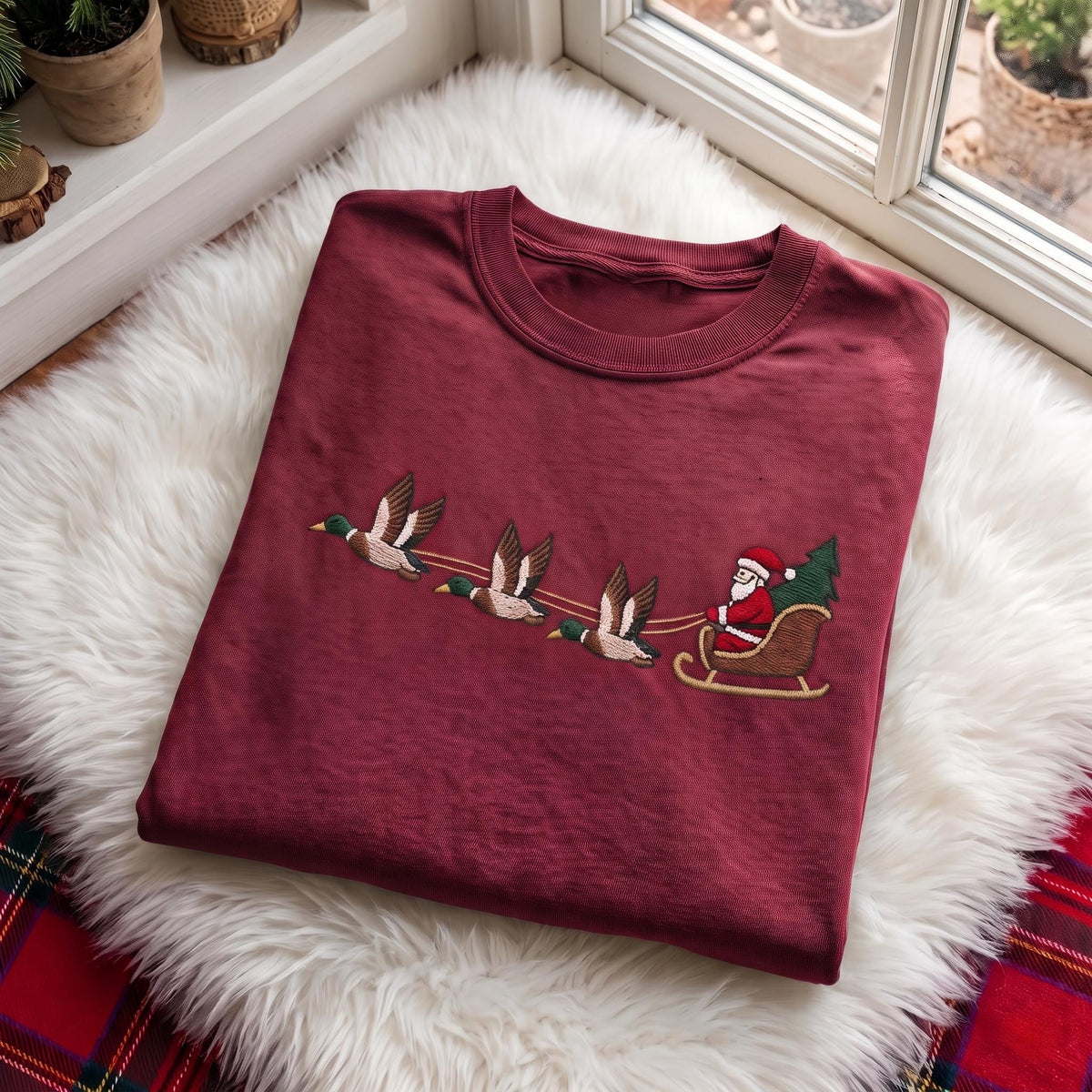 Mallard Duck Santa Sleigh Sweatshirt, Vintage Flying Ducks Embroidered Xmas Crewneck