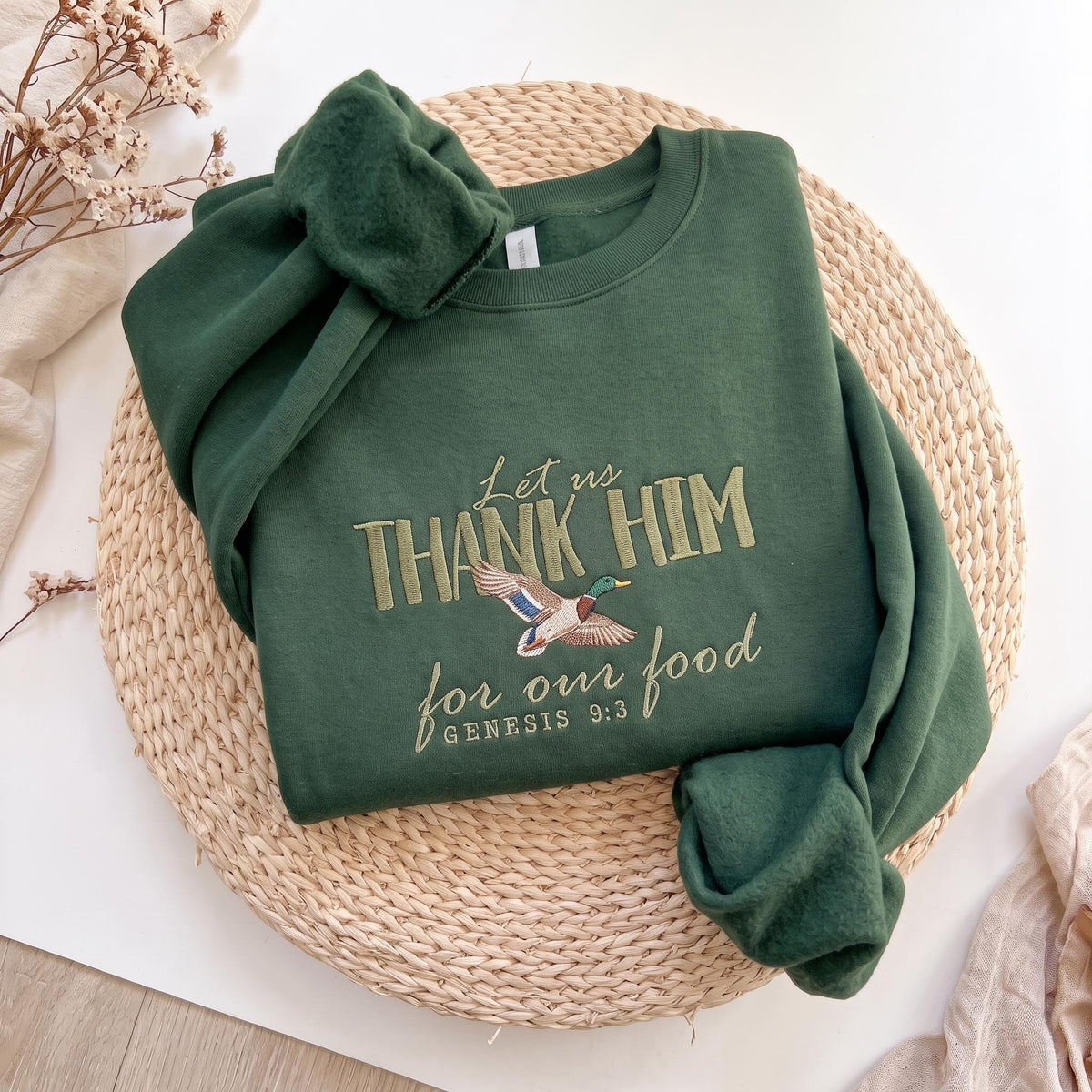 Thank Him For Our Food Sweatshirt, Christian Mallard Duck Genesis Embroidered Crewneck