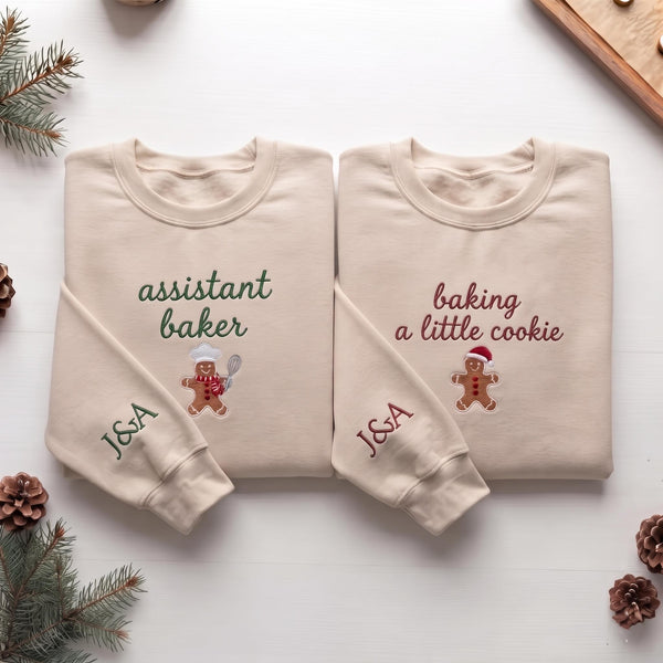 Baking A Little Cookie Sweatshirt, Custom Sleeve Initials Pregnancy Christmas Crewneck