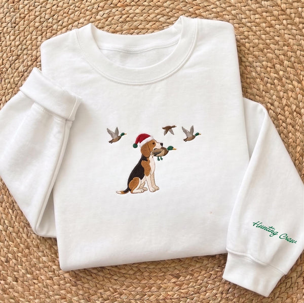 Christmas Hunting Dog Embroidered Sweatshirt, Beagle Mallard Duck Sleeve Crewneck