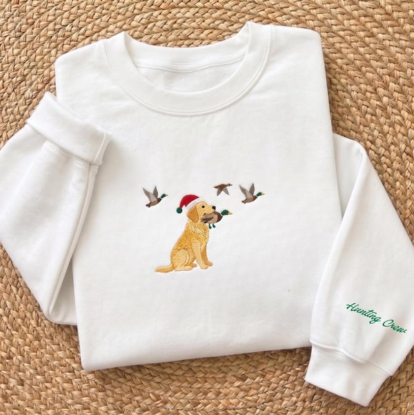 Christmas Hunting Dog Embroidered Sweatshirt, Golden Retriever Duck Sleeve Crewneck