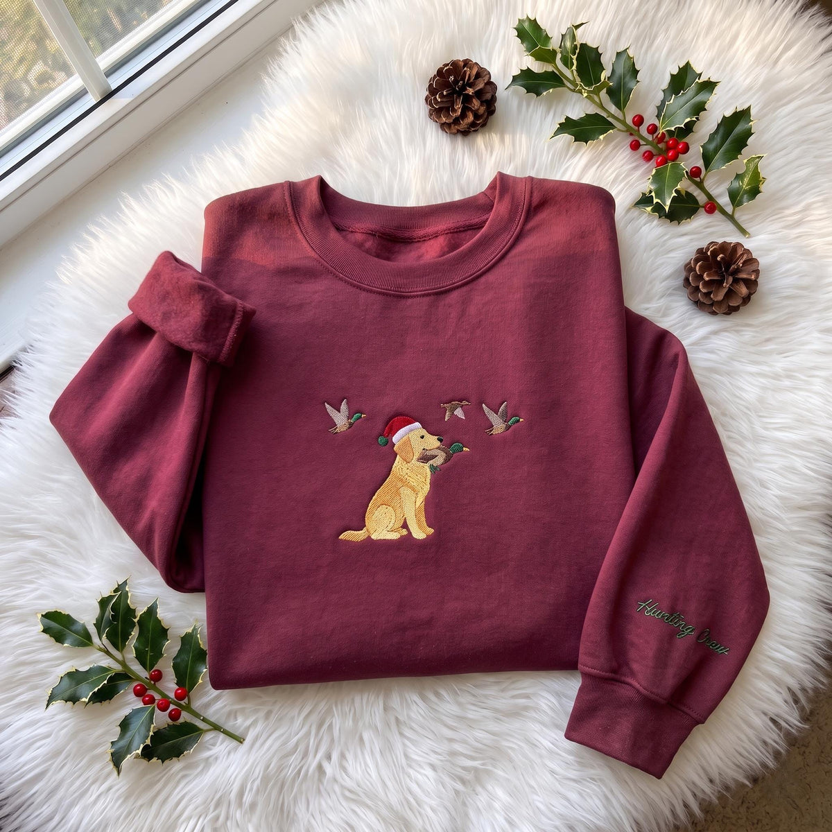 Christmas Hunting Dog Embroidered Sweatshirt, Golden Retriever Duck Sleeve Crewneck