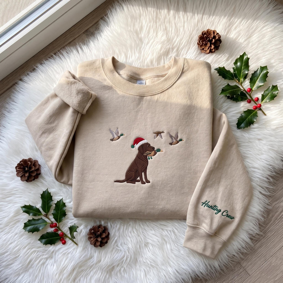 Christmas Hunting Dog Embroidered Sweatshirt, Chocolate Lab Duck Hunting Sleeve Crewneck