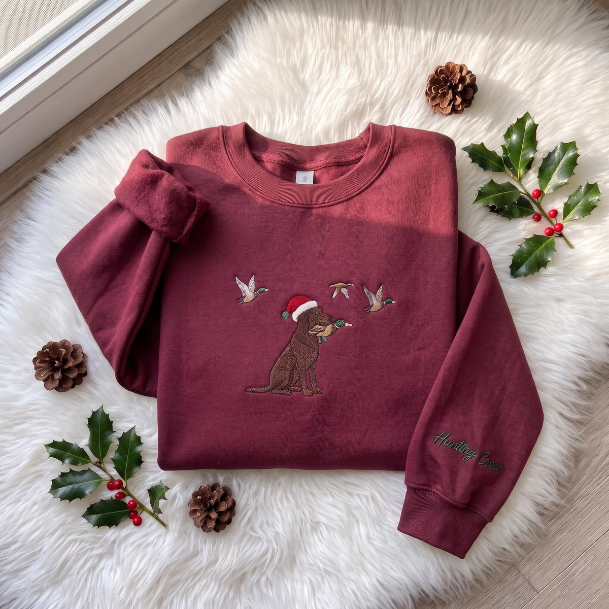 Christmas Hunting Dog Embroidered Sweatshirt, Chocolate Lab Duck Hunting Sleeve Crewneck