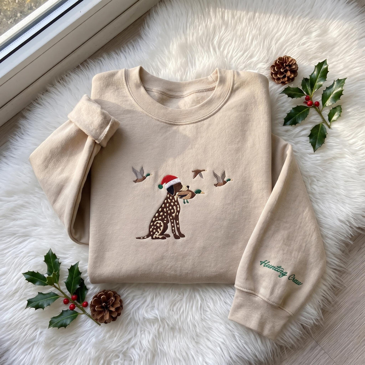 Christmas Hunting Dog Embroidered Sweatshirt, Pointer Duck Hunting Sleeve Crewneck