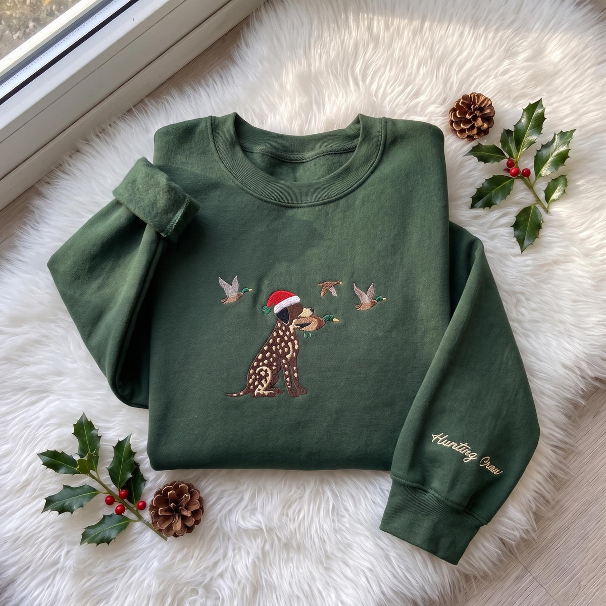 Christmas Hunting Dog Embroidered Sweatshirt, Pointer Duck Hunting Sleeve Crewneck