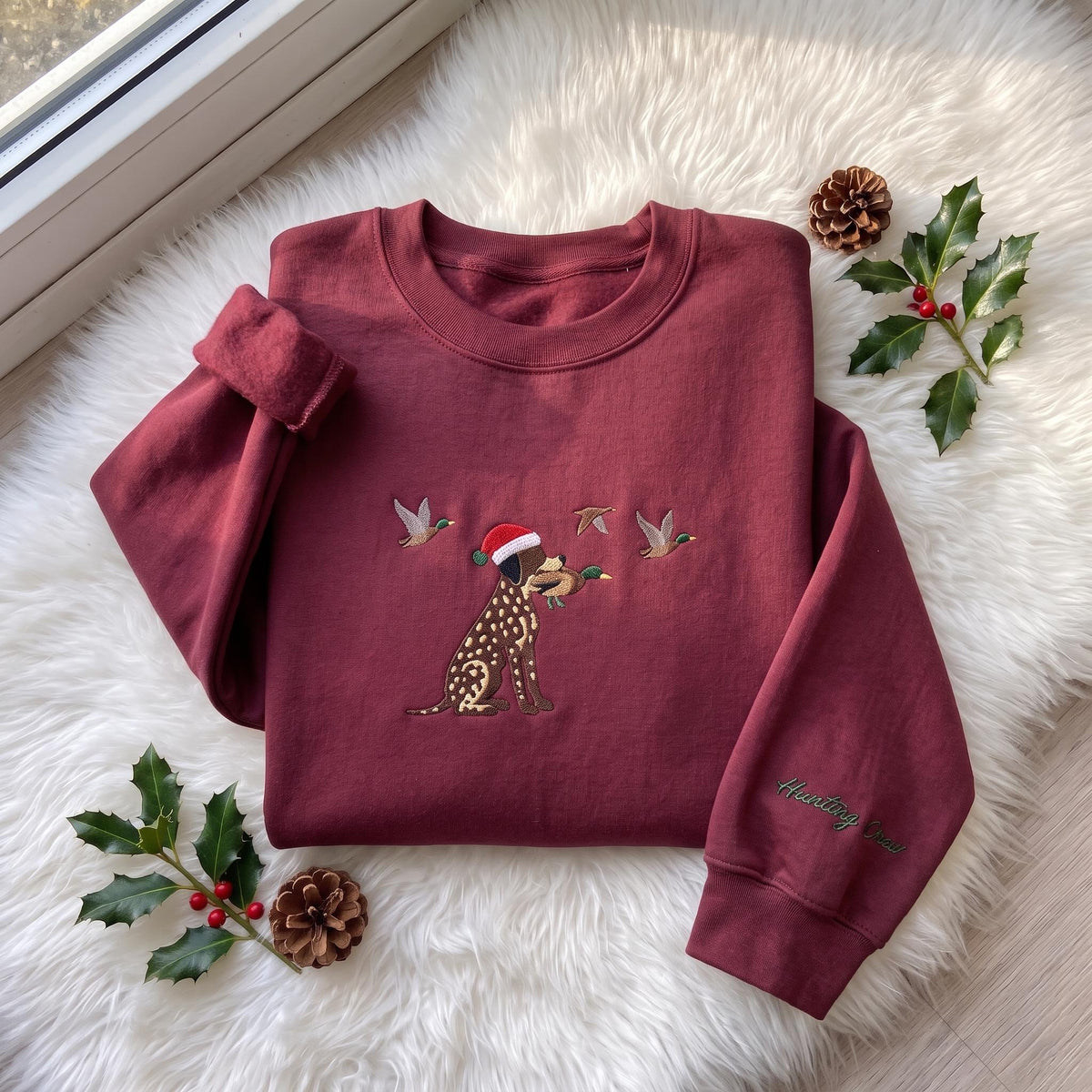 Christmas Hunting Dog Embroidered Sweatshirt, Pointer Duck Hunting Sleeve Crewneck