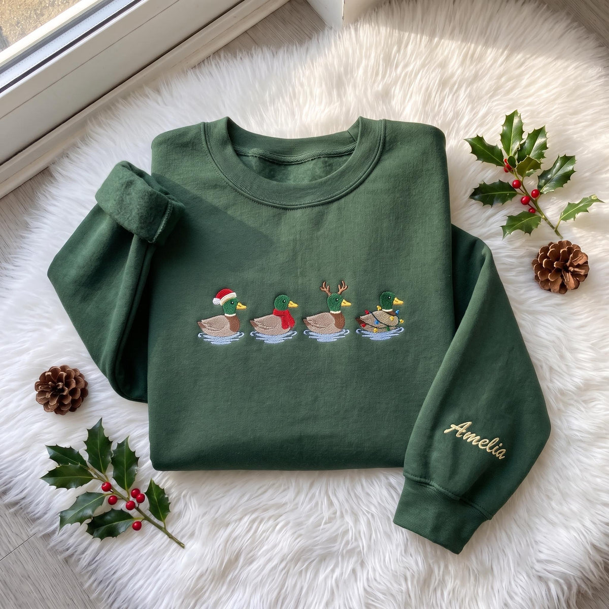 Christmas Mallard Duck Embroidered Sweatshirt, Custom Sleeve Name Winter Holiday Crewneck
