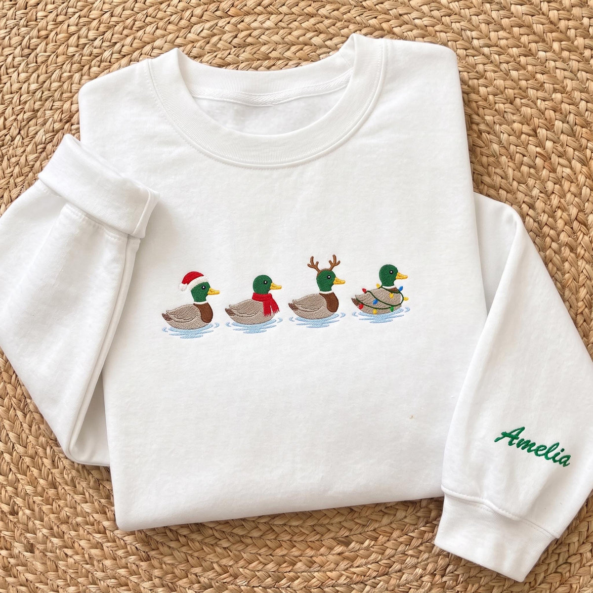 Christmas Mallard Duck Embroidered Sweatshirt, Custom Sleeve Name Winter Holiday Crewneck