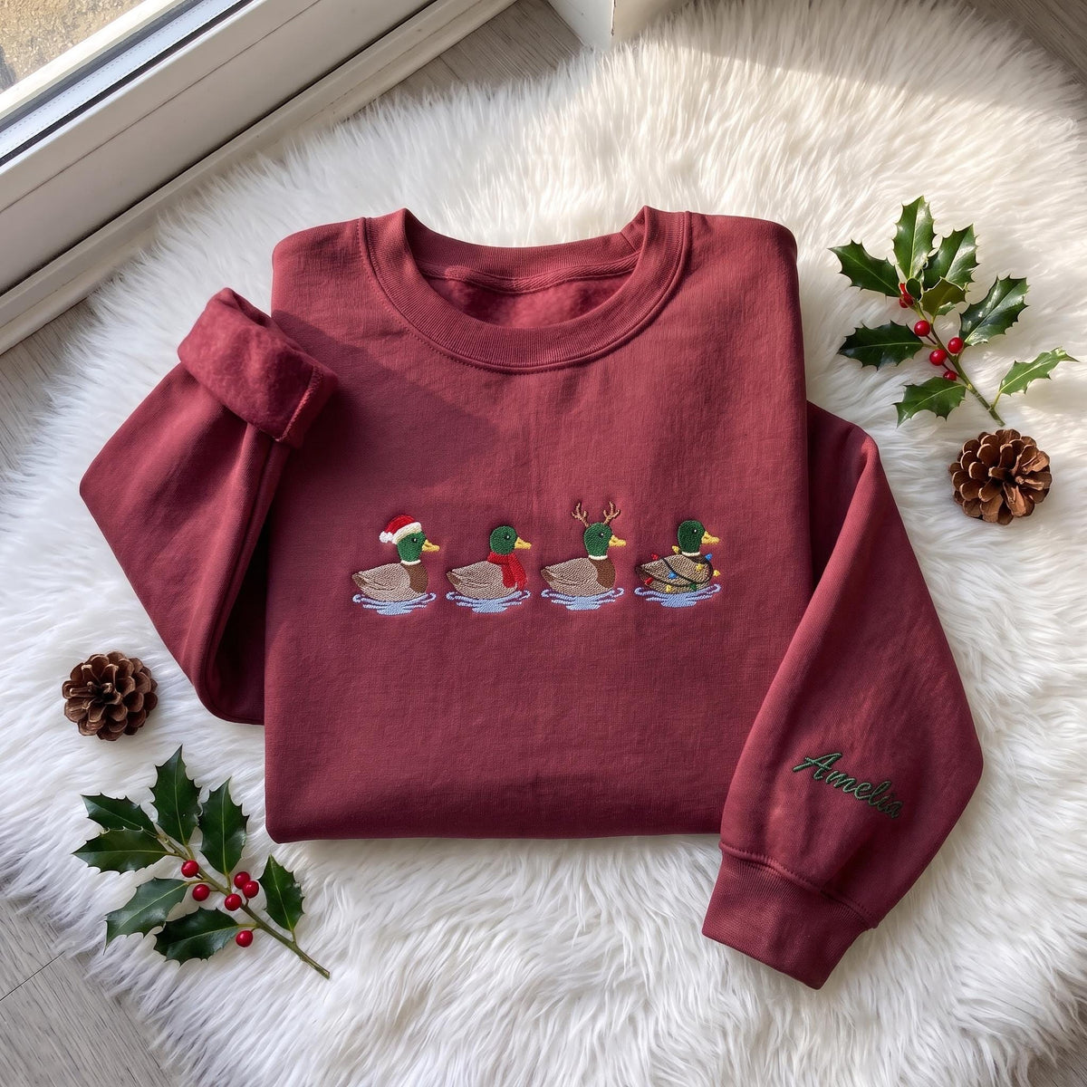 Christmas Mallard Duck Embroidered Sweatshirt, Custom Sleeve Name Winter Holiday Crewneck