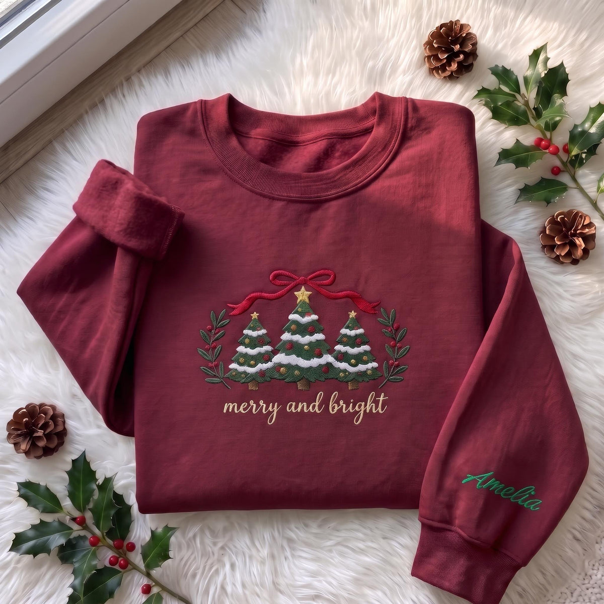 Merry and Bright Christmas Sweatshirt, Custom Sleeve Name Trees Red Bow Crewneck