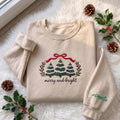 Merry and Bright Christmas Sweatshirt, Custom Sleeve Name Trees Red Bow Crewneck