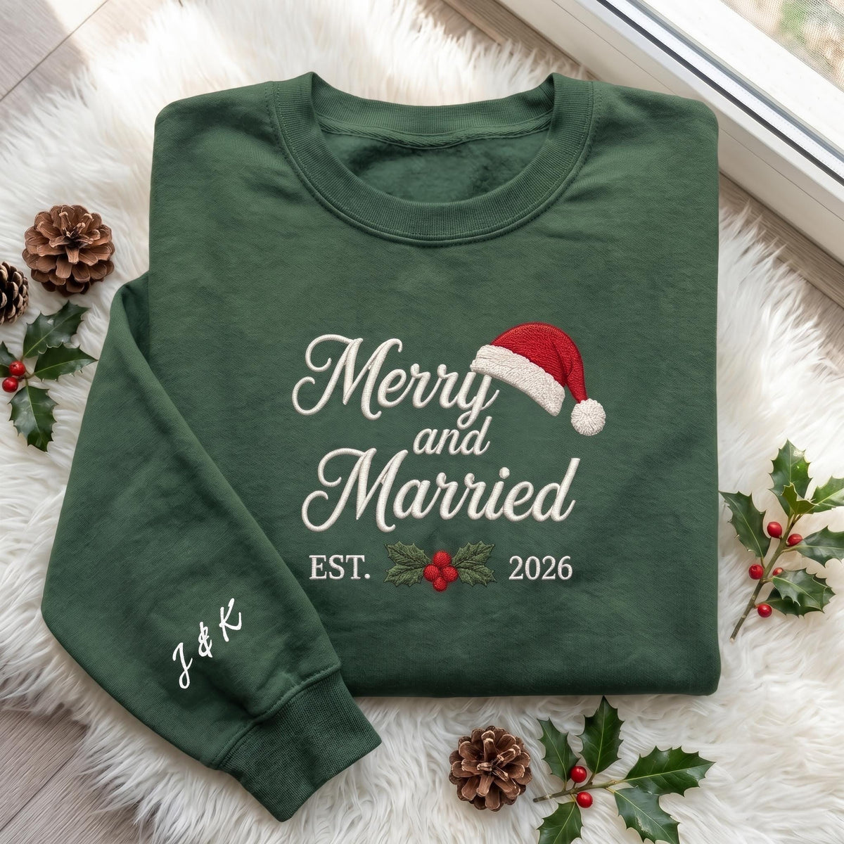 Merry and Married Christmas Sweatshirt, Custom Sleeve Initials Est Year Crewneck