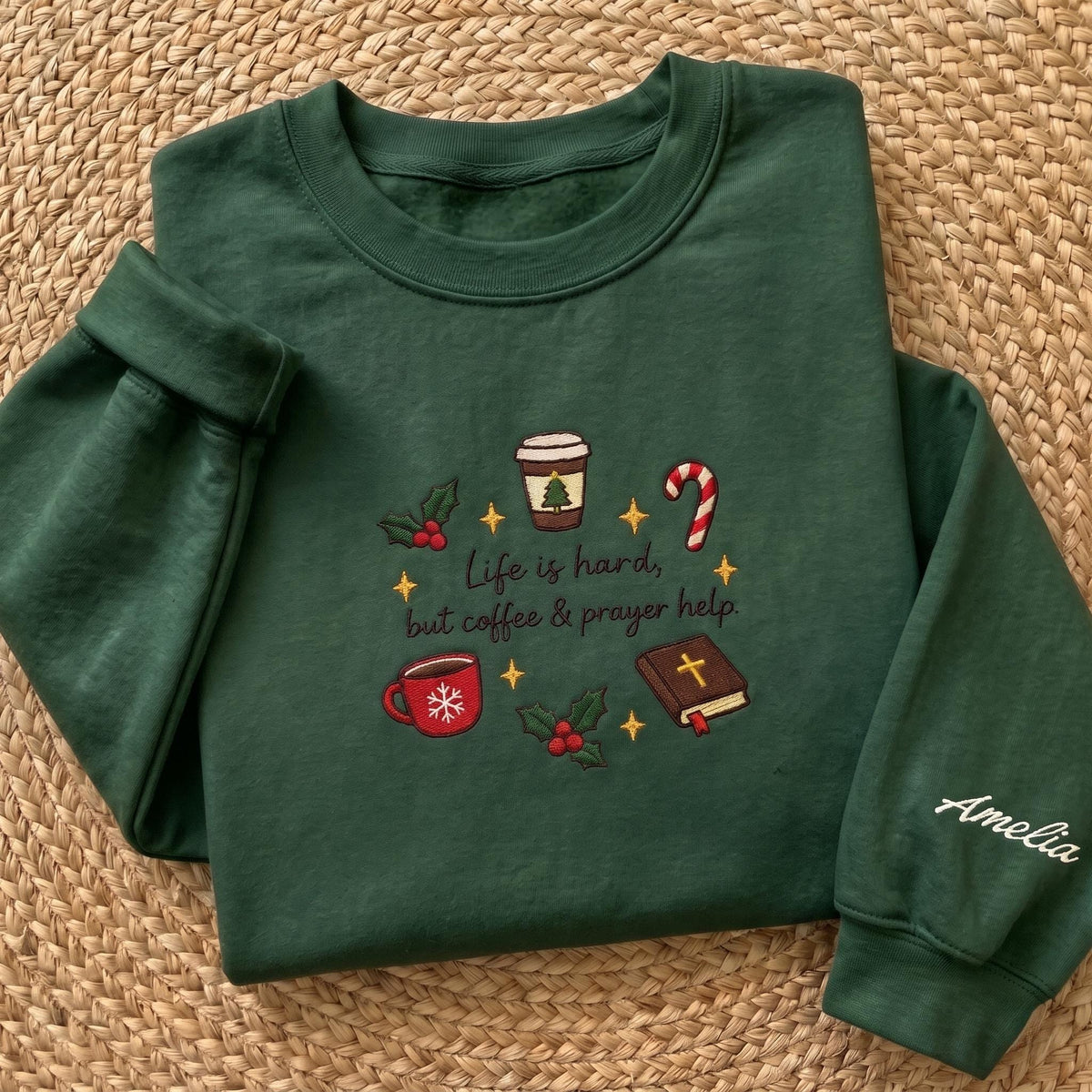 Coffee and Prayer Embroidered Sweatshirt, Custom Sleeve Name Bible Verse Christian Crewneck