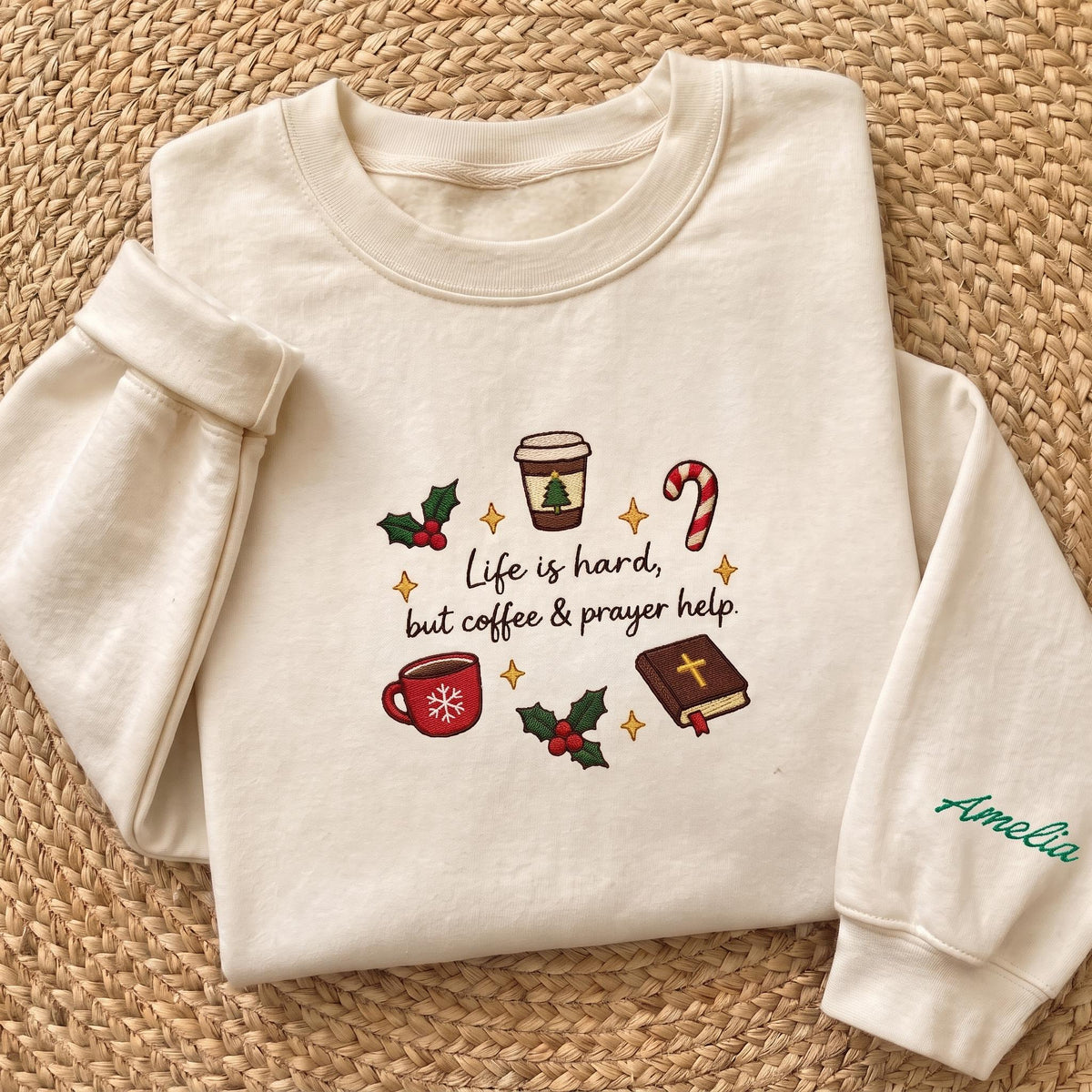 Coffee and Prayer Embroidered Sweatshirt, Custom Sleeve Name Bible Verse Christian Crewneck