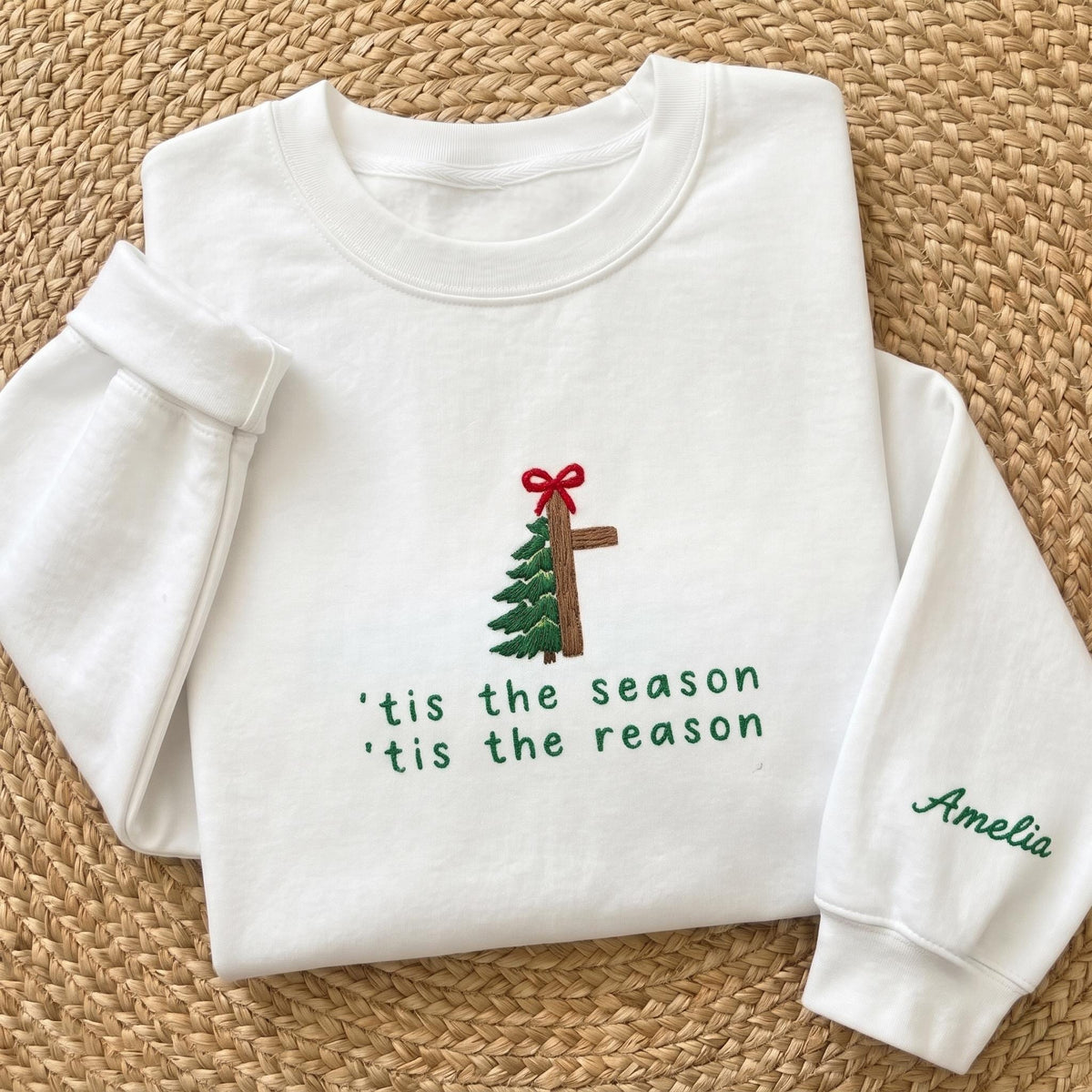 Tis The Reason Christmas Cross Sweatshirt, Custom Sleeve Name Embroidered Crewneck