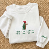 Tis The Reason Christmas Cross Sweatshirt, Custom Sleeve Name Embroidered Crewneck