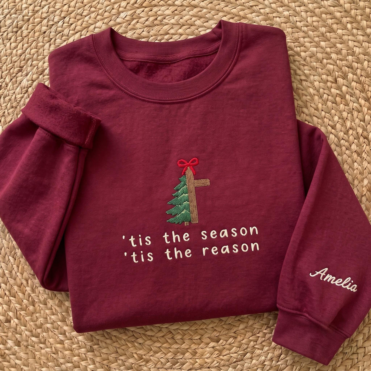 Tis The Reason Christmas Cross Sweatshirt, Custom Sleeve Name Embroidered Crewneck