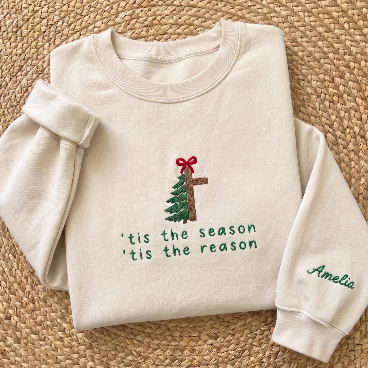 Tis The Reason Christmas Cross Sweatshirt, Custom Sleeve Name Embroidered Crewneck
