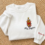 Christmas Teacher Pencil Tree Sweatshirt, Custom Sleeve Grade Embroidered Crewneck