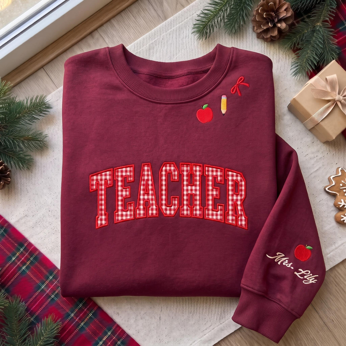 Christmas Teacher Embroidered Sweatshirt, Red Gingham Applique Apple Sleeve Crewneck