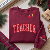 Christmas Teacher Embroidered Sweatshirt, Red Gingham Applique Apple Sleeve Crewneck