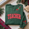 Christmas Teacher Embroidered Sweatshirt, Red Gingham Applique Apple Sleeve Crewneck