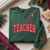 Christmas Teacher Embroidered Sweatshirt, Red Gingham Applique Apple Sleeve Crewneck