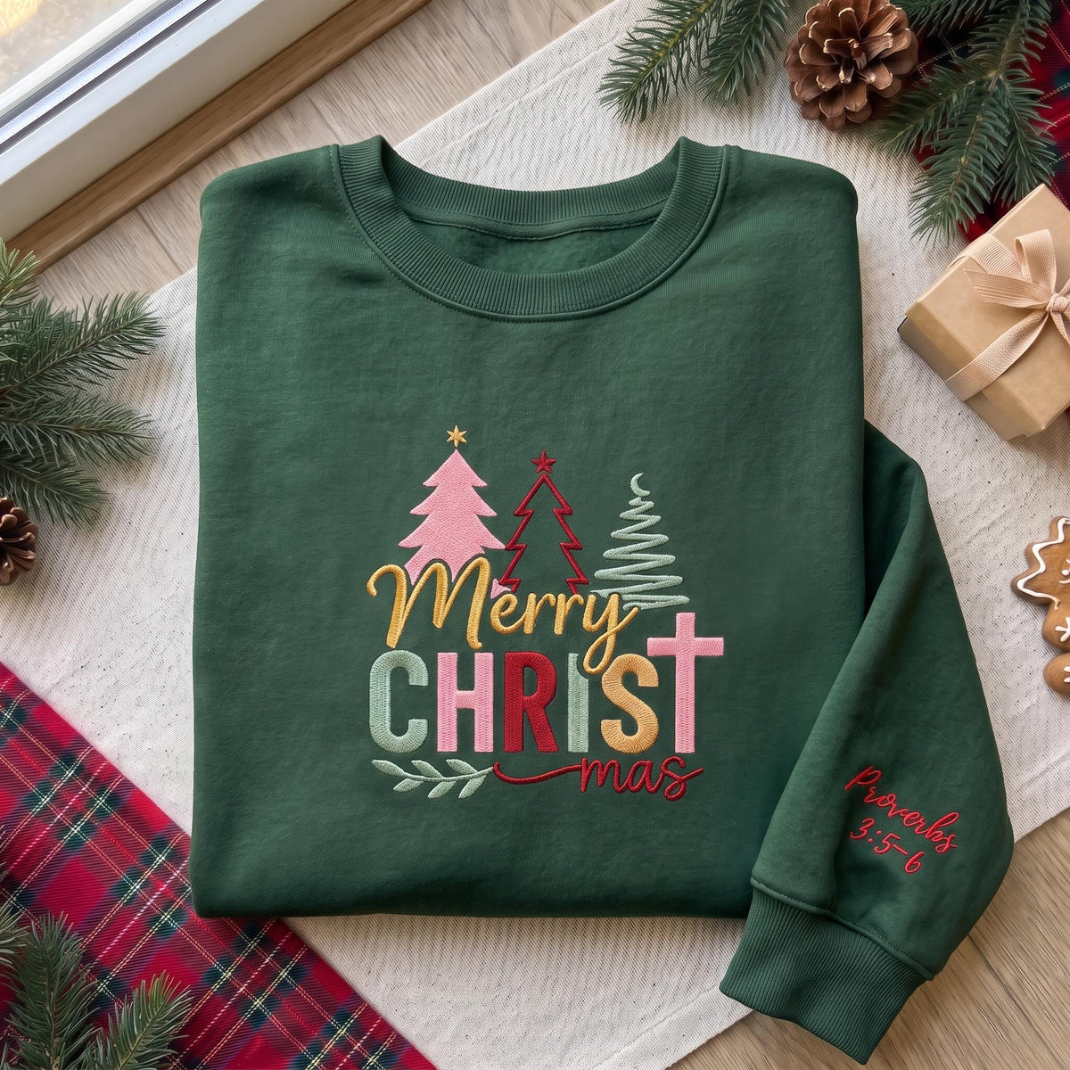 Merry Christmas Cross Trees Sweatshirt, Custom Bible Verse Sleeve Embroidered Crewneck