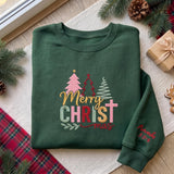 Merry Christmas Cross Trees Sweatshirt, Custom Bible Verse Sleeve Embroidered Crewneck