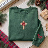 Christmas Cross Embroidered Sweatshirt, Custom Bible Verse Sleeve Floral Bow Crewneck