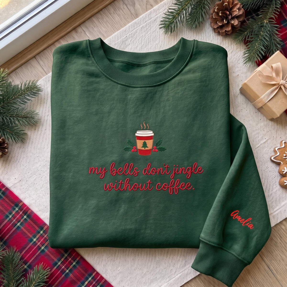 My Bells Dont Jingle Without Coffee Sweatshirt, Custom Sleeve Name Embroidered Crewneck
