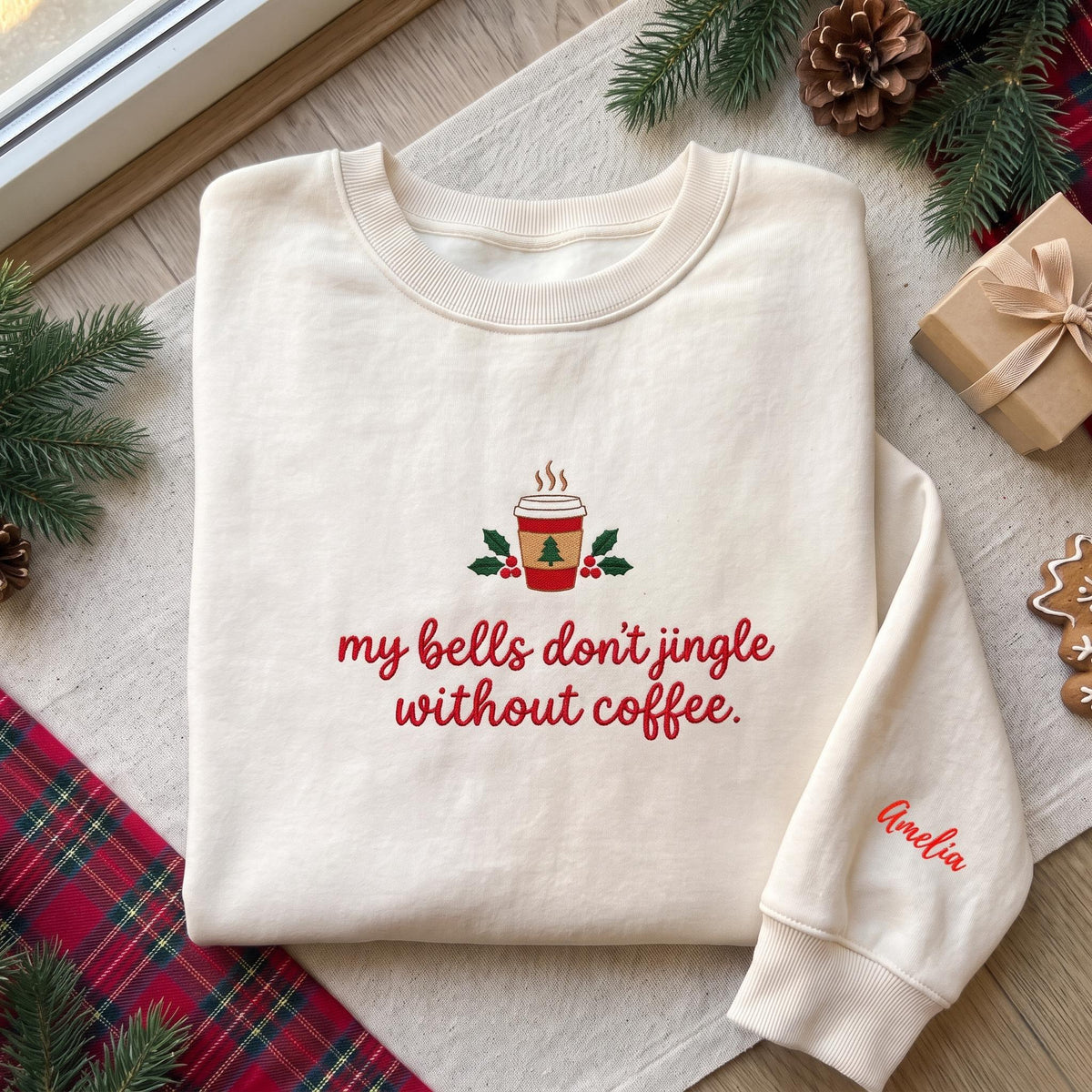 My Bells Dont Jingle Without Coffee Sweatshirt, Custom Sleeve Name Embroidered Crewneck