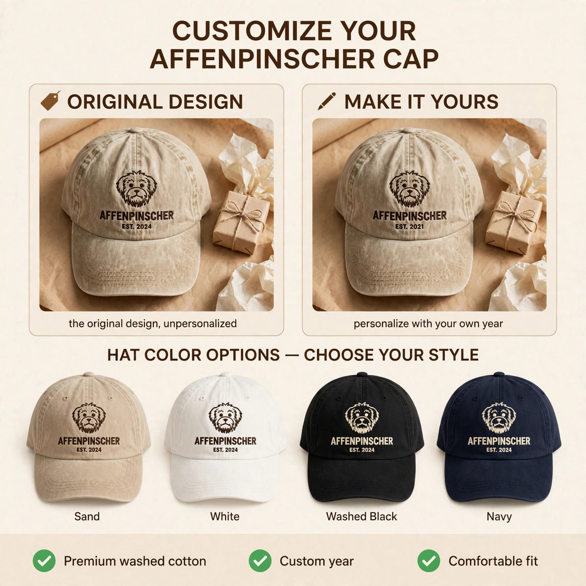 Custom Embroidered Affenpinscher Est Year Hat – Monkey Dog Face Baseball Cap, Washed Cotton Gift for Affenpinscher Lovers