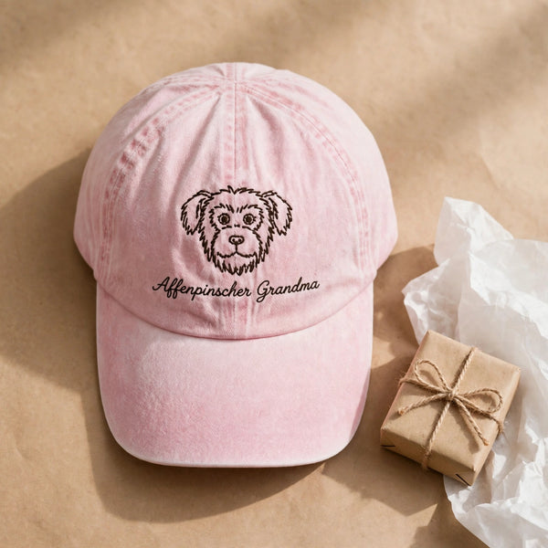Affenpinscher Grandma cap gift presentation, light pink washed cap with monkey face and script text