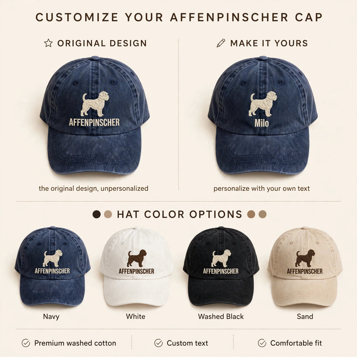 Custom Embroidered Affenpinscher Standing Silhouette Hat – Monkey Dog Baseball Cap, Washed Cotton Gift for Affenpinscher Lovers