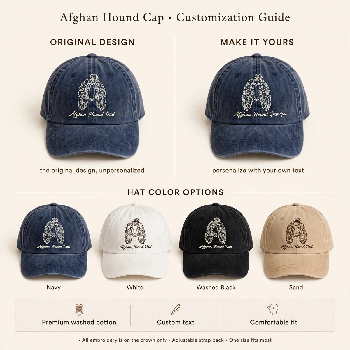 Custom Embroidered Afghan Hound Dad Hat – Elegant Sighthound Face Baseball Cap, Washed Cotton Gift for Dog Dads