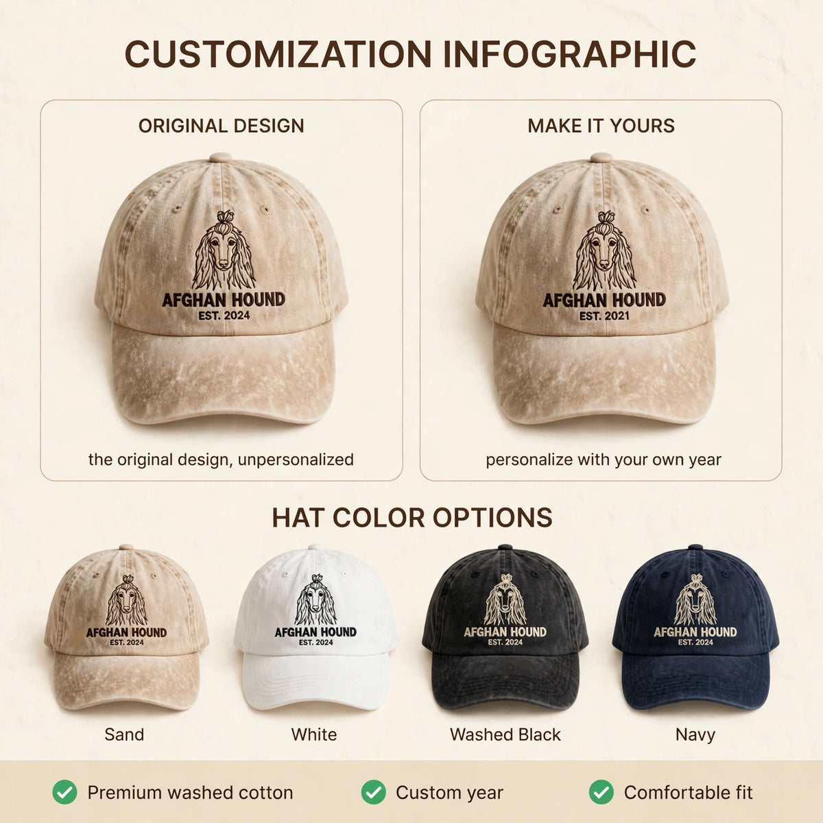 Custom Embroidered Afghan Hound Est Year Hat – Elegant Sighthound Face Baseball Cap, Washed Cotton Gift for Afghan Hound Lovers