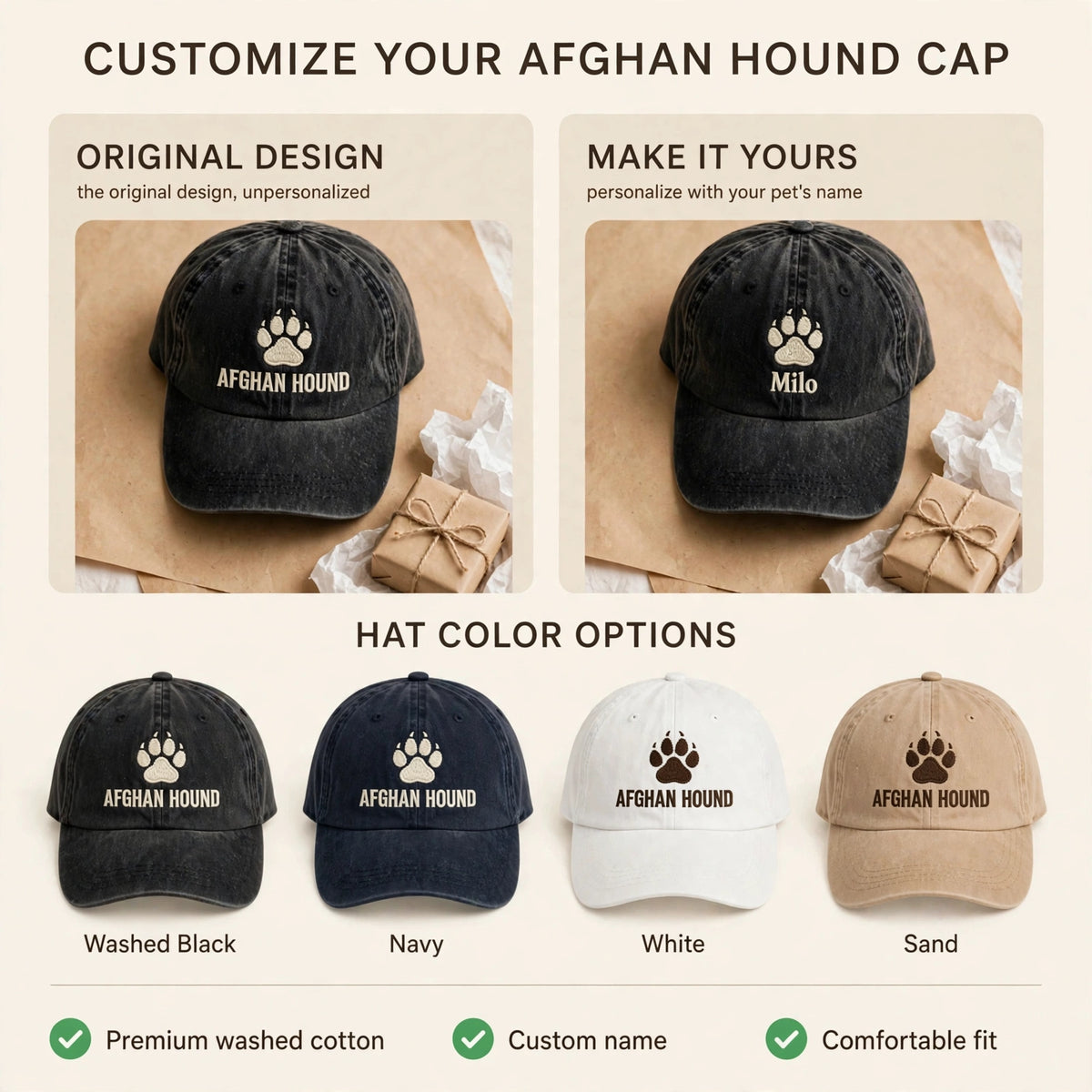 Custom Embroidered Afghan Hound Paw Hat – Elegant Sighthound Paw Baseball Cap, Washed Cotton Gift for Afghan Hound Lovers