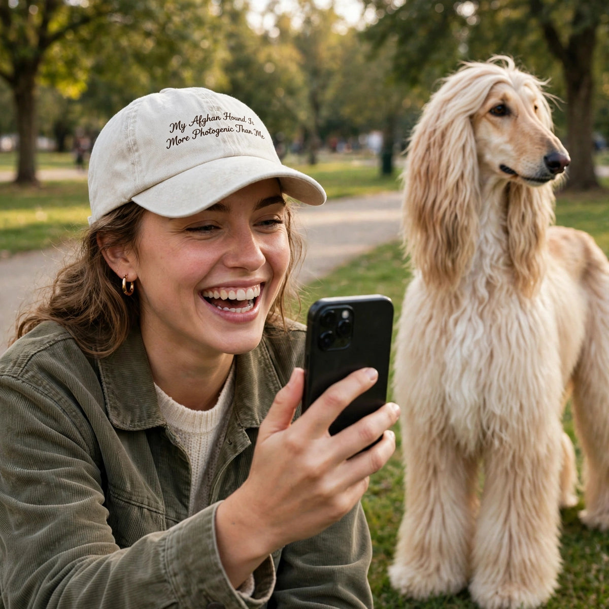 Custom Embroidered My Afghan Hound Is More Photogenic Than Me Hat – Funny Sighthound Baseball Cap, Washed Cotton Gift