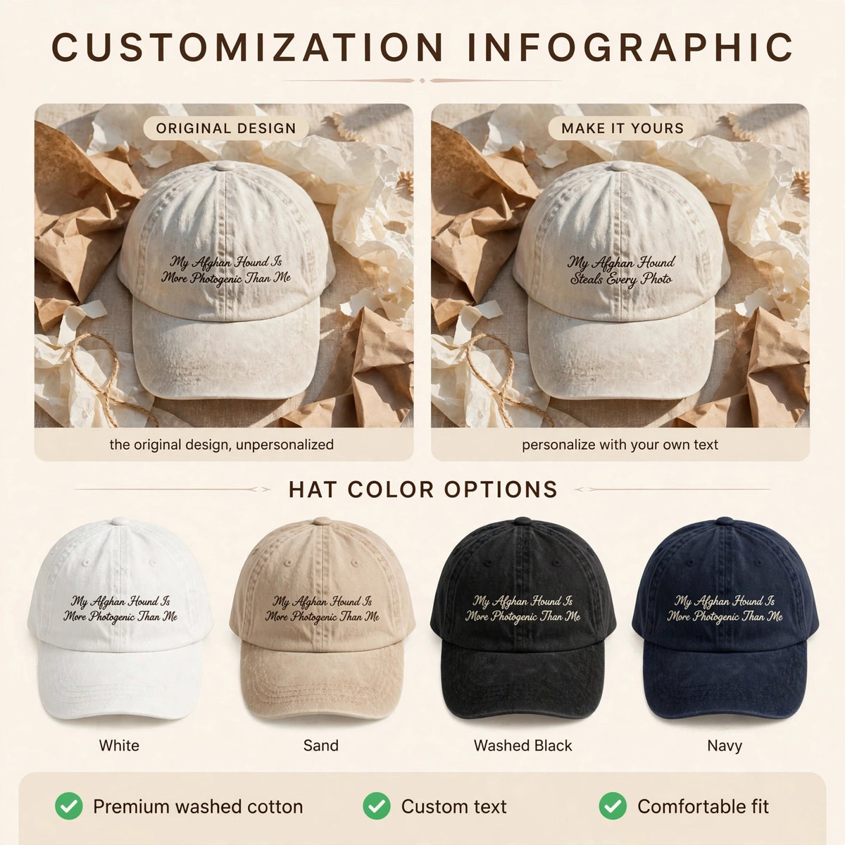 Custom Embroidered My Afghan Hound Is More Photogenic Than Me Hat – Funny Sighthound Baseball Cap, Washed Cotton Gift