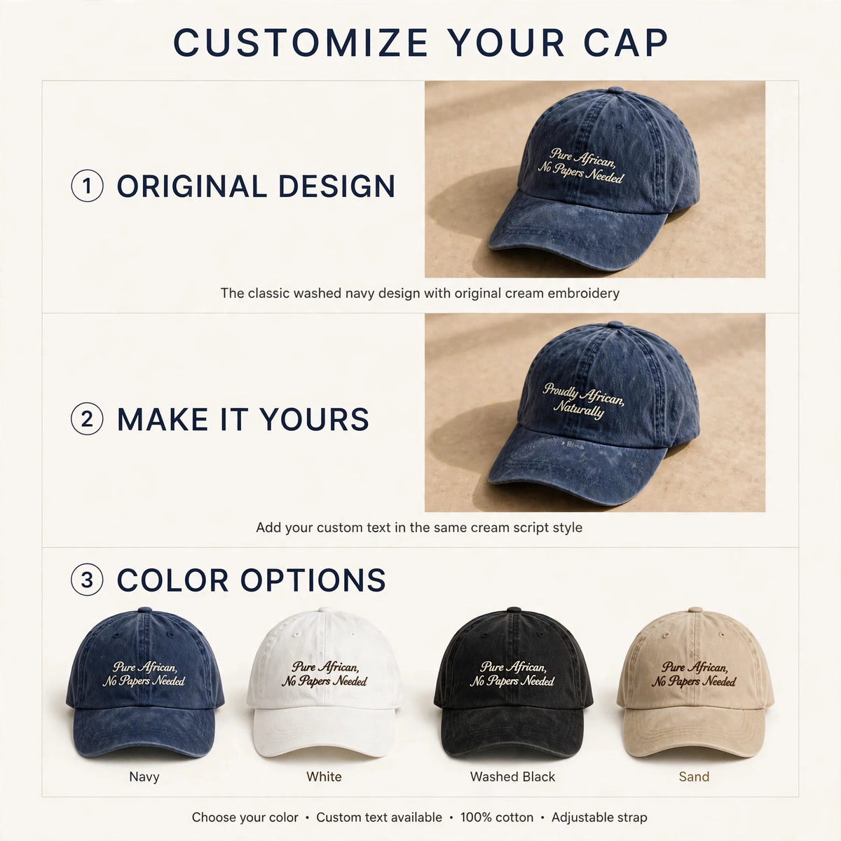 Custom Embroidered Pure African No Papers Needed Hat – Funny South African Landrace Baseball Cap, Washed Cotton Gift