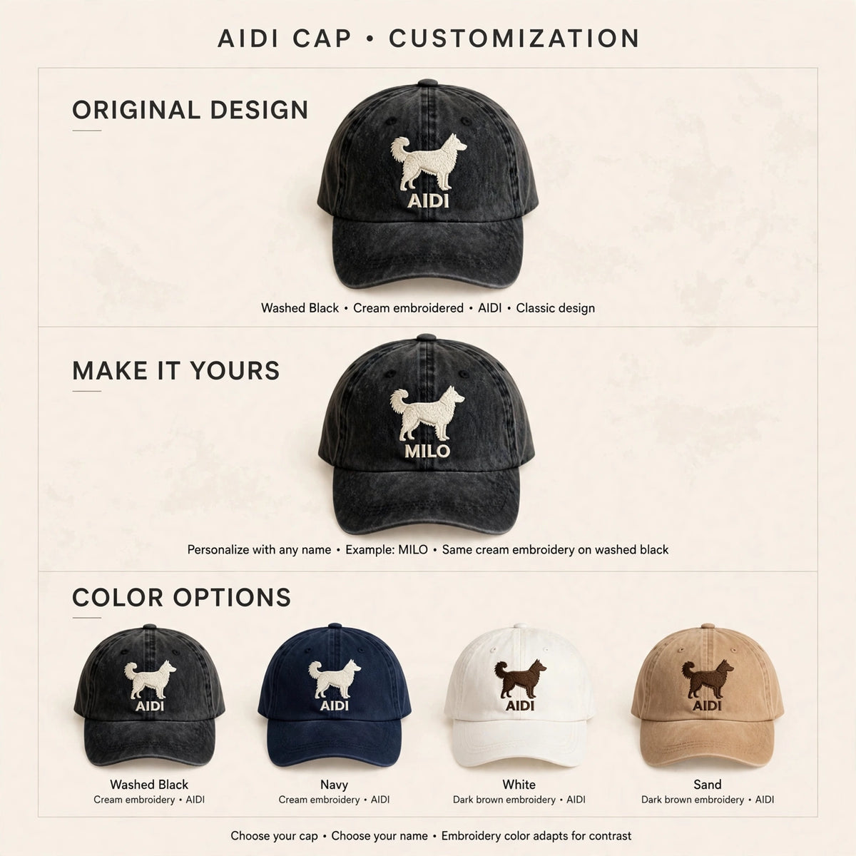 Custom Embroidered Aidi Silhouette Hat – Sturdy Atlas Mountain Guardian Baseball Cap, Washed Cotton Gift for Dog Lovers