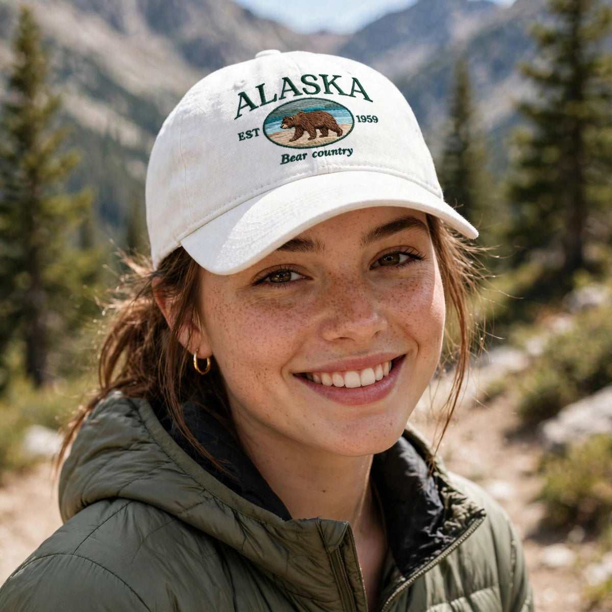 Alaska Bear Embroidered Hat, Vintage Washed Cotton Baseball Cap, Wildlife Outdoor Gift