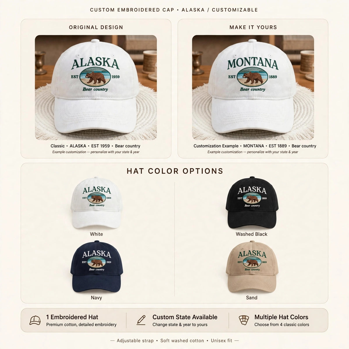 Alaska Bear Embroidered Hat, Vintage Washed Cotton Baseball Cap, Wildlife Outdoor Gift