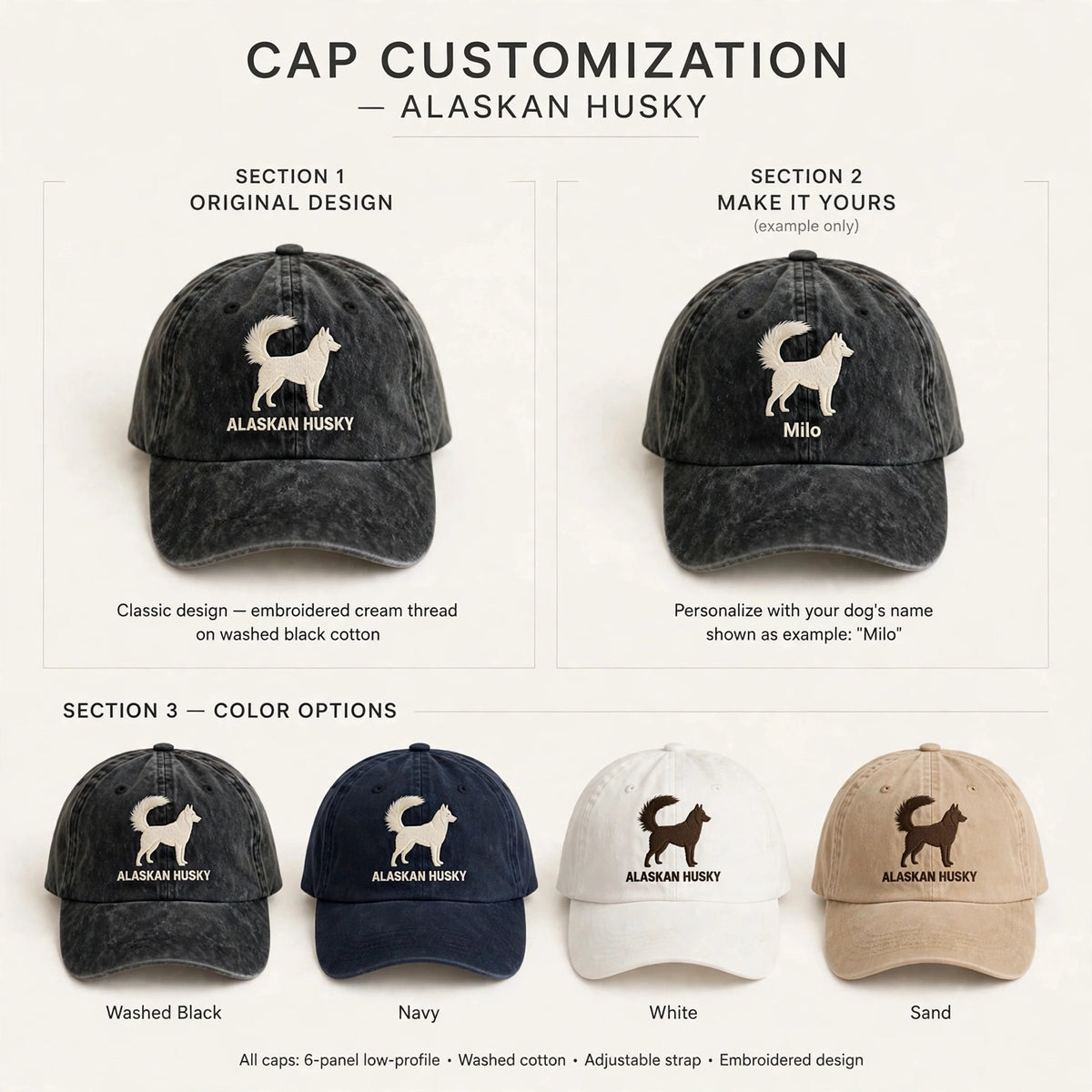 Alaskan Husky Silhouette Embroidered Cap, Sled Dog Hat, Gift for Dog Lovers