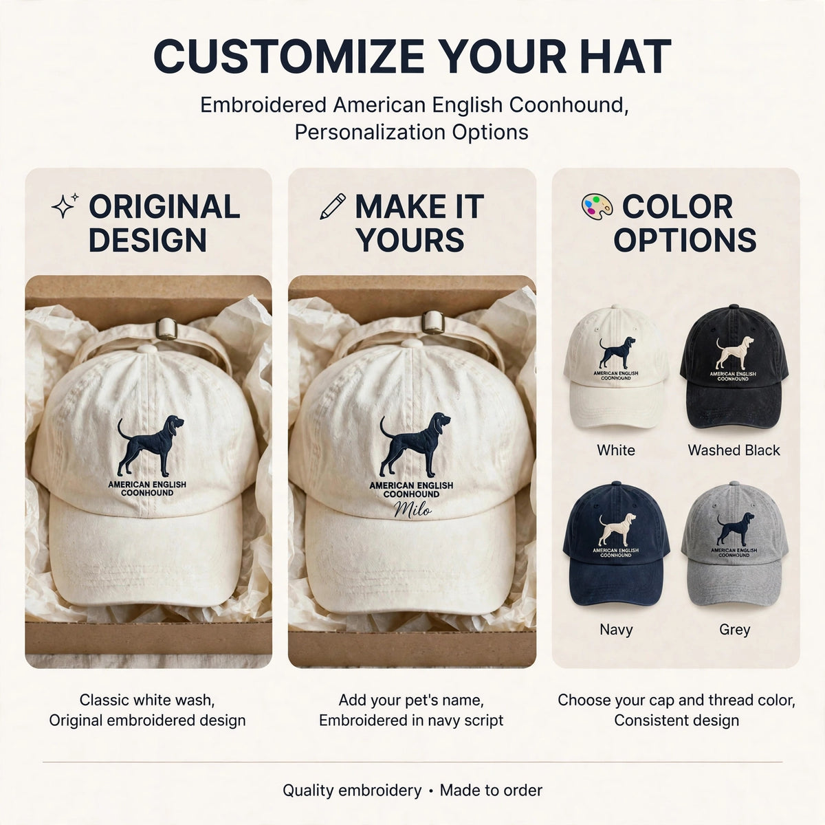 American English Coonhound Silhouette Embroidered Cap, Redtick Hound Dog Hat, Gift for Dog Lovers